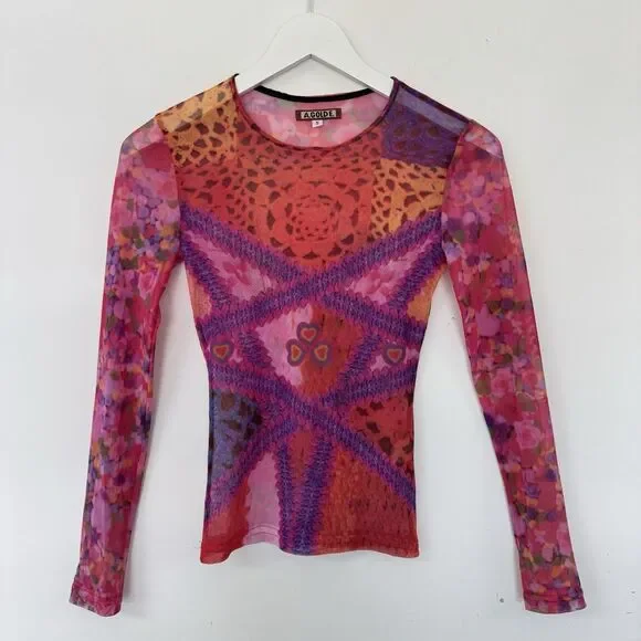 AGOLDE Vintage Mesh Top Y2K 00s Abstract Crochet Hearts Sheer